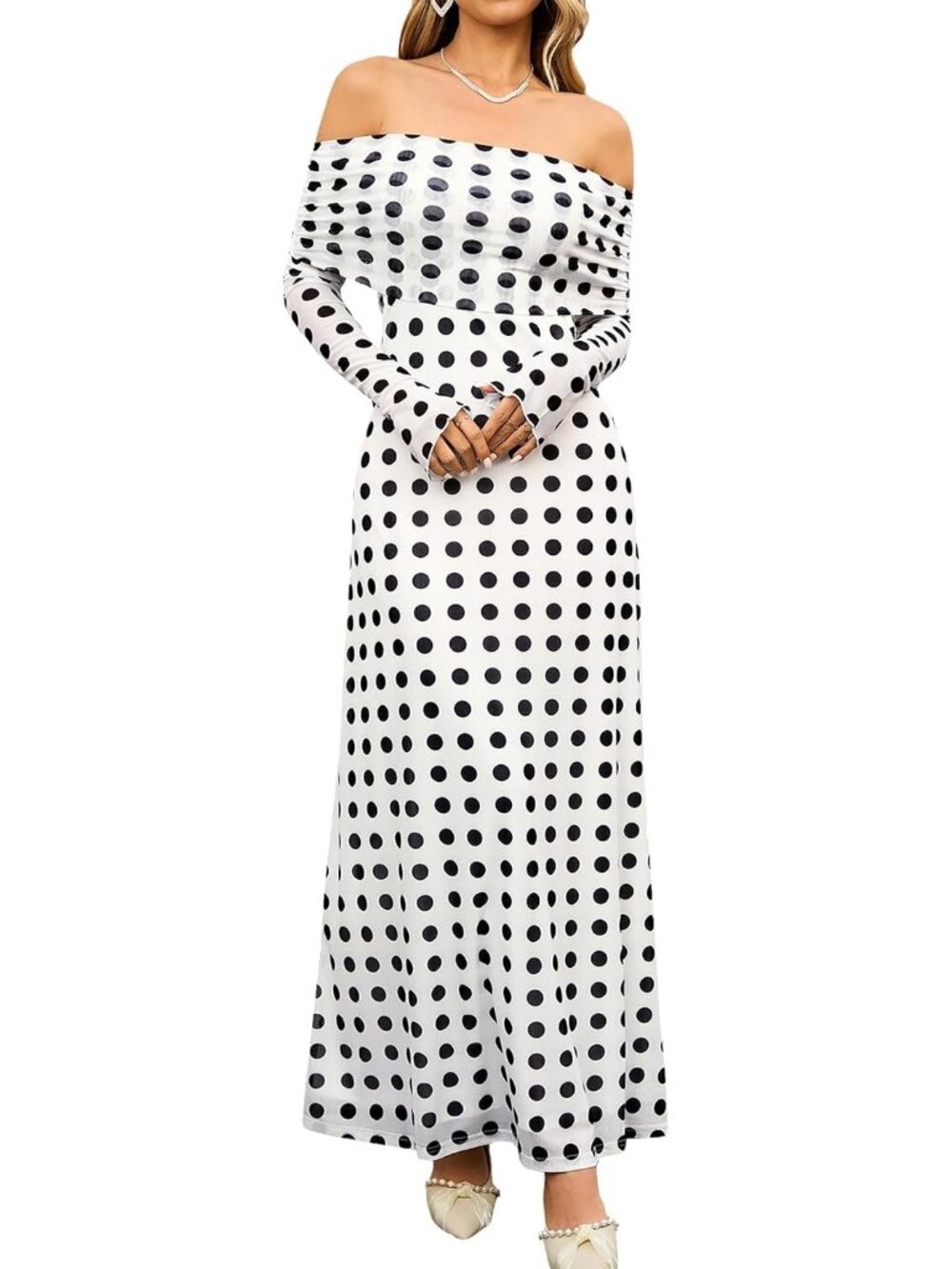 Women's Black Dot Off Shoulder Long Sleeve Formal Wedding Guest Maxi Dresses